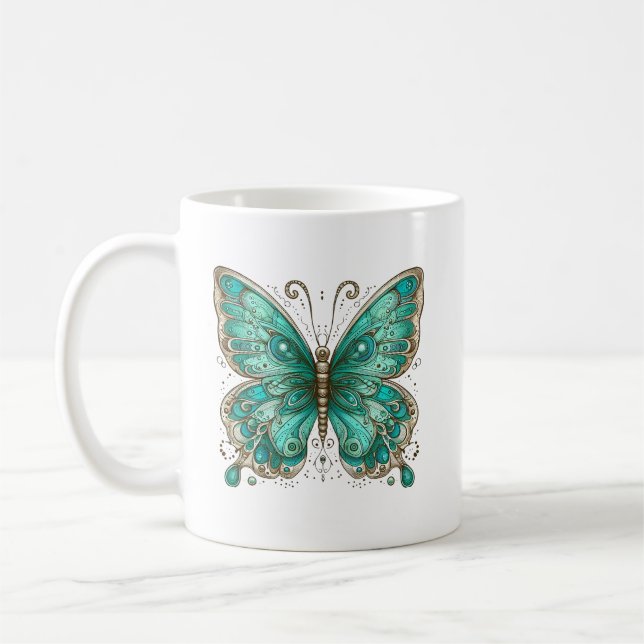 Caneca De Café Borboleta Elegante Turquesa Cerâmica Clássica (Esquerda)