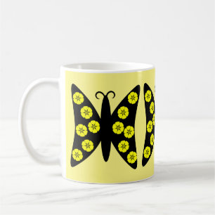Caneca De Café Borboleta Floral bonito Preta e Amarela