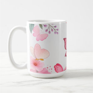 Caneca De Café Borboleta Floral Jardim Aquarela Rosa