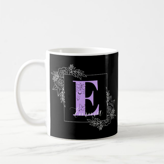 Caneca De Café Borboleta Floral Púrpura Monograma Personalizado - (Esquerda)
