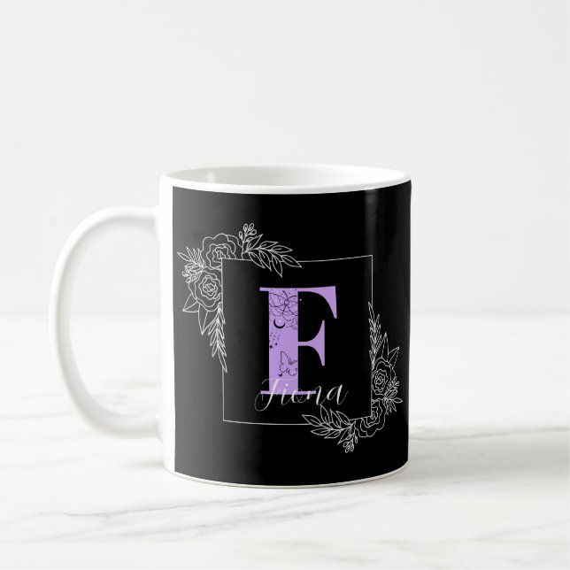 Caneca De Café Borboleta Floral Púrpura Monograma Personalizado - (Esquerda)