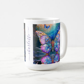 Caneca De Café Borboleta Nome Personalizado Azul Roxo Presente pa