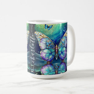 Caneca De Café Borboleta Nome Personalizado Azul Roxo Presente pa