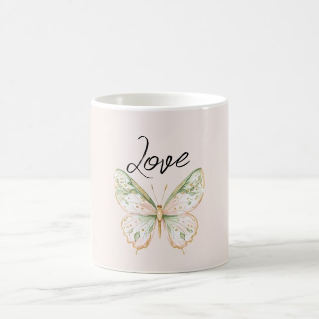 Caneca De Café Borboleta Rosa Bege Verde Menta Dourado (Centro)