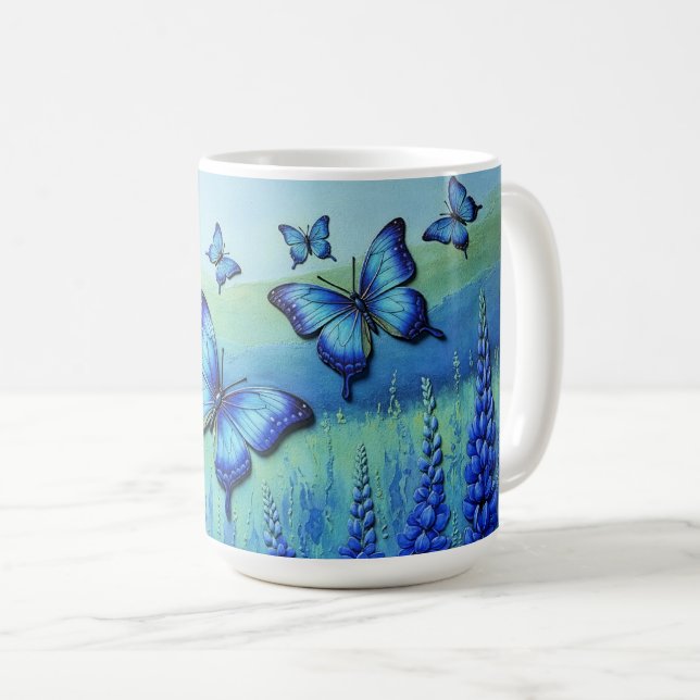 Caneca De Café Borboletas Azuis com Flores Azuis, (Frente Esquerda)