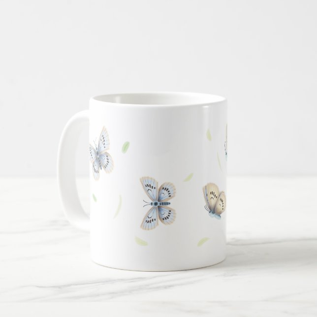 Caneca De Café Borboletas bonito de Azul e Creme em Voo (Frente Esquerda)
