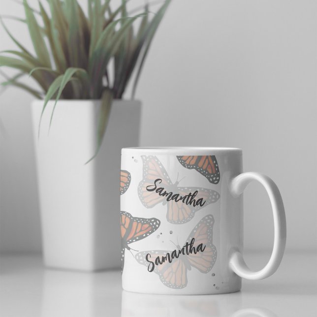 Caneca De Café Borboletas Botânicas Modernas Personalizadas (Personalized botanical butterflies custom coffee mug.)