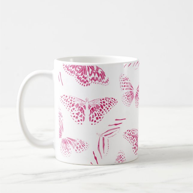 Caneca De Café Borboletas Brancas Girly Rosa Padrão de Aquarela (Esquerda)