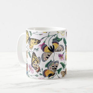 Caneca De Café Borboletas Coloridas Flores Rosa e Folhas Verdes