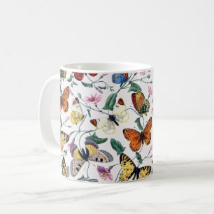 Caneca De Café Borboletas Coloridas Flores Rosa & Folhas Verdes