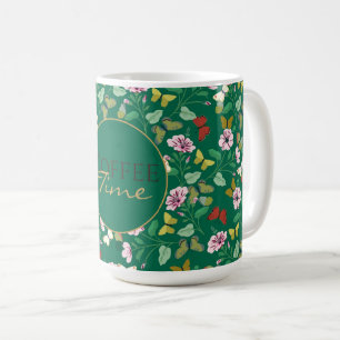Caneca De Café Borboletas Coloridas Flores Rosa Verde Botânico
