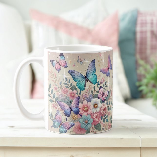 Caneca De Café Borboletas de Pastel e Dificuldade Floral de Glitt (Criador carregado)