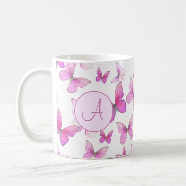 Caneca De Café Borboletas De Pastel Rosa Girly Personalizadas Mon (Esquerda)