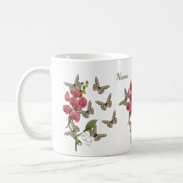 Caneca De Café Borboletas E Flor De Ervilha Doce (Esquerda)