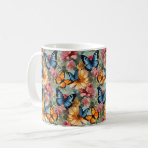 Caneca De Café Borboletas e flores impressionistas