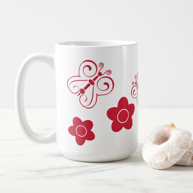 Caneca De Café Borboletas e posições vermelhas (Com Donut)