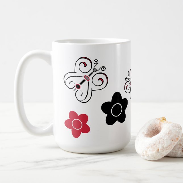 Caneca De Café Borboletas e Posições Vermelhas e Pretas (Com Donut)