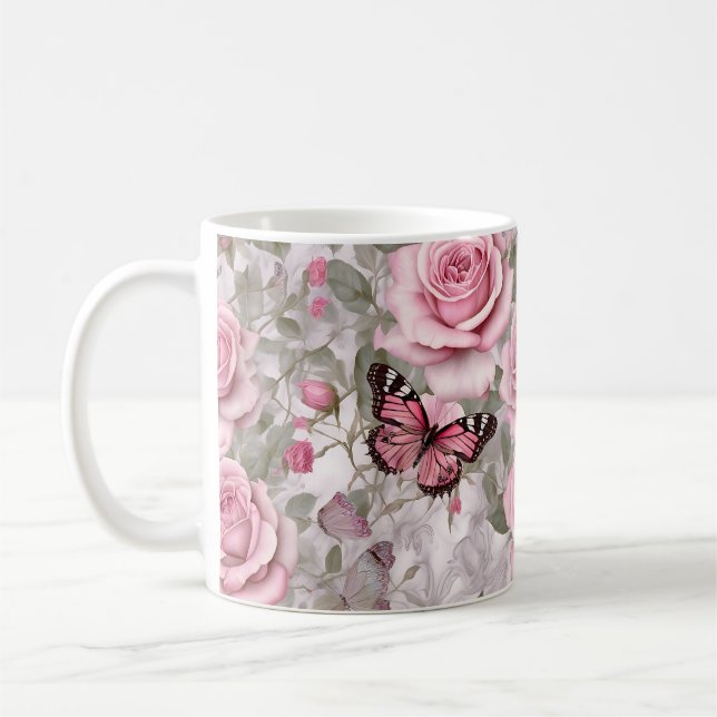 Caneca De Café Borboletas e Rosas cor-de-rosa pálidos (Esquerda)
