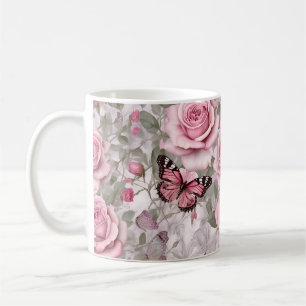 Caneca De Café Borboletas e Rosas Florais Rosa Pálido
