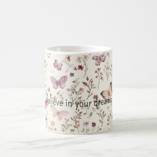 Caneca De Café Borboletas Florais Creme Roxo Acredite em Sonhos