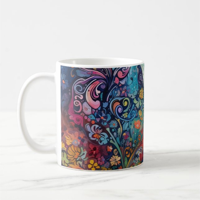 Caneca De Café Borboletas florescem gatos. Arte psicodélica. (Esquerda)