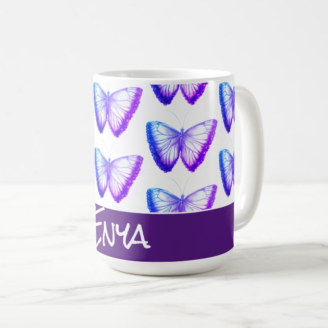 Caneca De Café Borboletas fofinhas, personalizadas e roxas, azuis (Frente Esquerda)