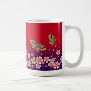 Caneca De Café Borboletas Japonesas No Meio De Sakura Brilha Verm