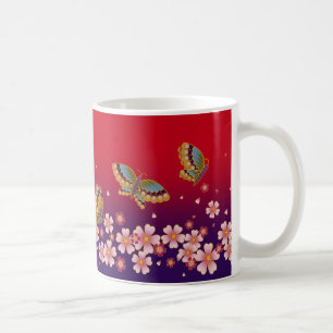 Caneca De Café Borboletas Japonesas No Meio De Sakura Brilha Verm
