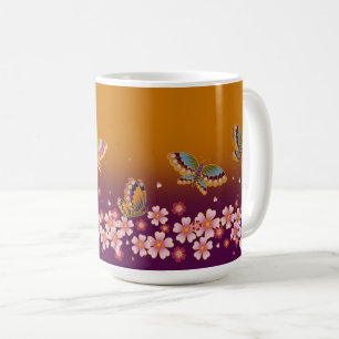 Caneca De Café Borboletas japonesas no meio de Sakura Flores Dour
