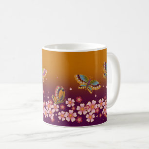 Caneca De Café Borboletas japonesas no meio de Sakura Flores Dour