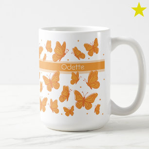 Caneca De Café Borboletas Laranja & Pontos Nome Personalizado Mon