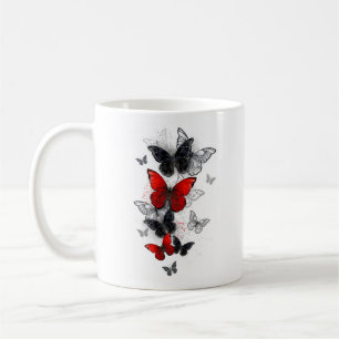 Caneca De Café Borboletas Morfo Pretas e Vermelhas Voando