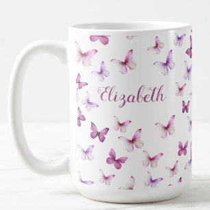 Caneca De Café Borboletas Rosa Bonito Nome Personalizado