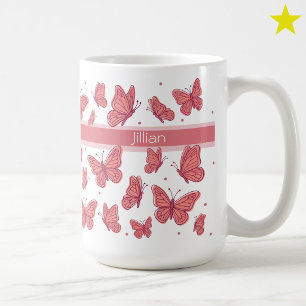 Caneca De Café Borboletas Rosa & Pontos Nome Personalizado Monogr