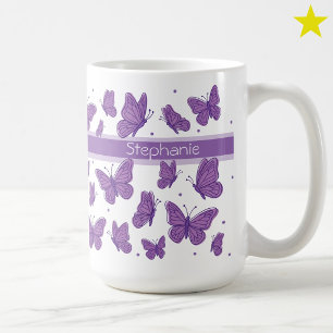 Caneca De Café Borboletas Roxas & Pontos Nome Personalizado Monog
