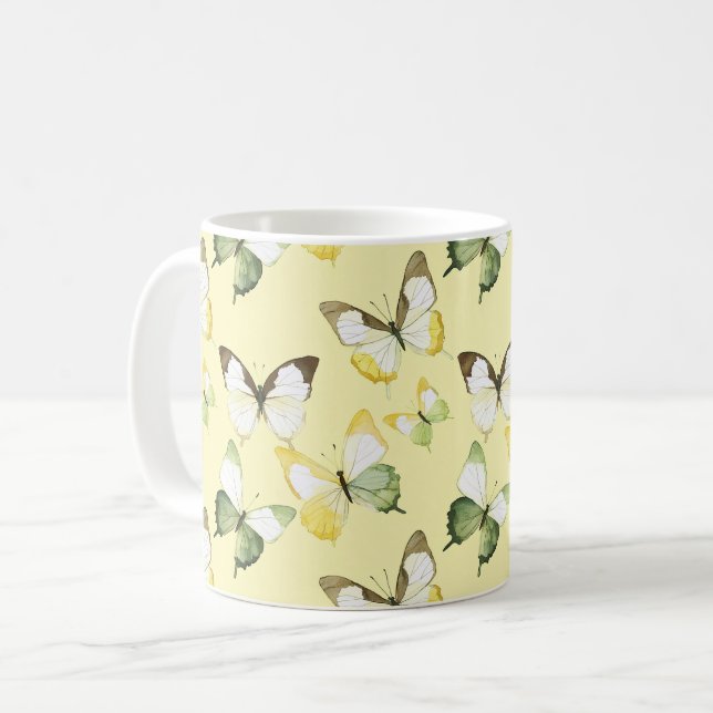 Caneca De Café Borboletas Verde Amarelo (Frente Esquerda)