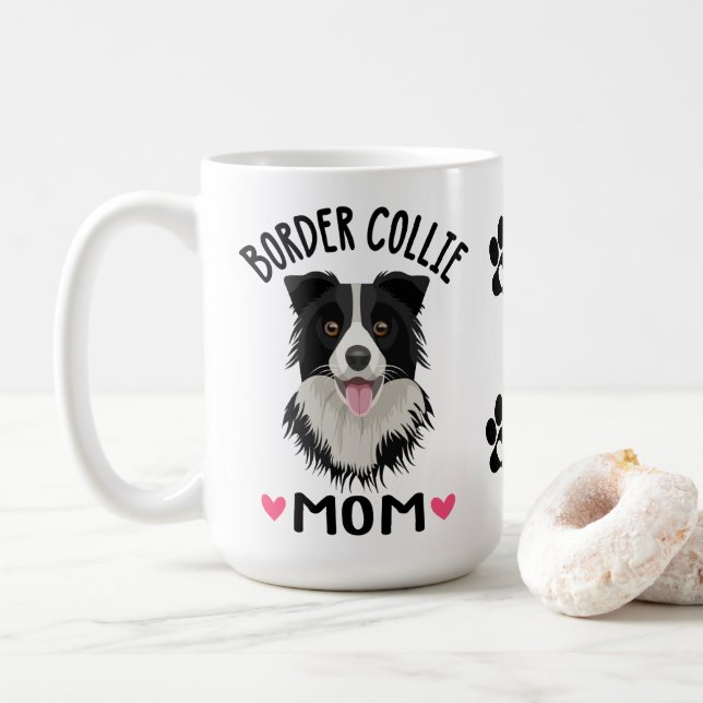 Caneca De Café Borda Collie Mamãe Dotada Negra Branca Cachorro (Com Donut)