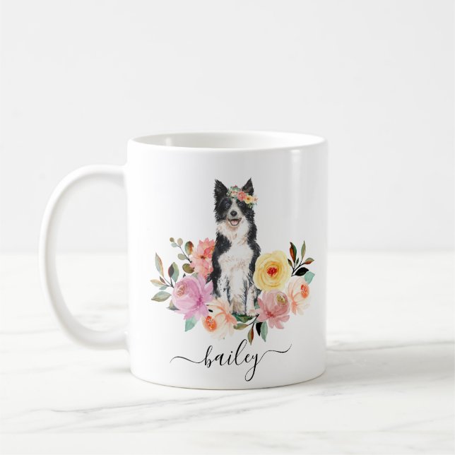 Caneca De Café Borda Collie Personalizada De Café Floral (Esquerda)