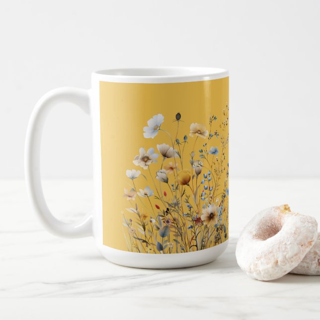 Caneca De Café Borda Floral Amarela de Mimosa (Com Donut)