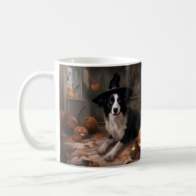 Caneca De Café Border Collie Pumpkins Halloween Assustado (Esquerda)