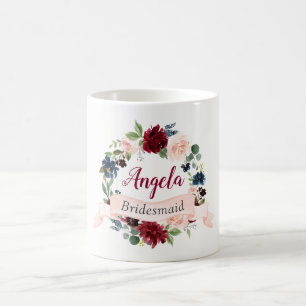 Caneca De Café Borgonha cora favor floral azul da dama de honra