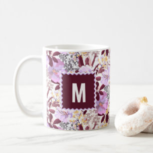Caneca De Café Borgonha Deixa Púrpura Padrão Floral   Monograma