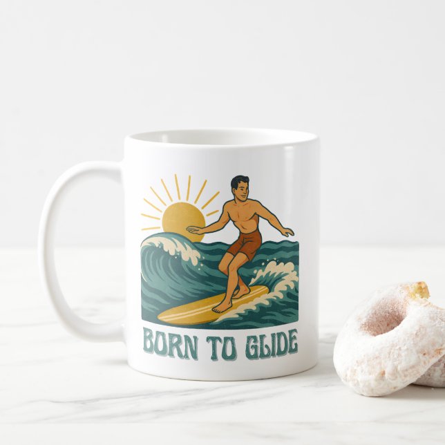 Caneca De Café Born To Glide Cali Surfer -Retro Surf Art- Surfing (Com Donut)