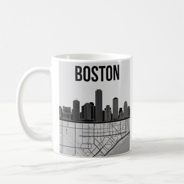 Caneca De Café Boston Massachusetts City Skyline com Mapa (Esquerda)