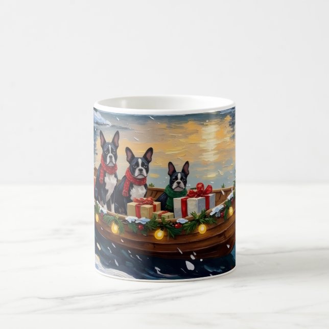 Caneca De Café Boston Terrier Christmas Boat Holiday (Centro)