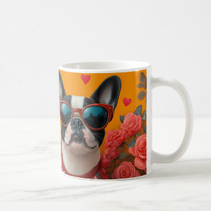 Caneca De Café Boston Terrier com Rosas do Coração Dia dos Namora