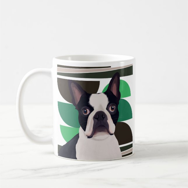 Caneca De Café Boston Terrier Dog - Geométrico Verde Escuro (Esquerda)