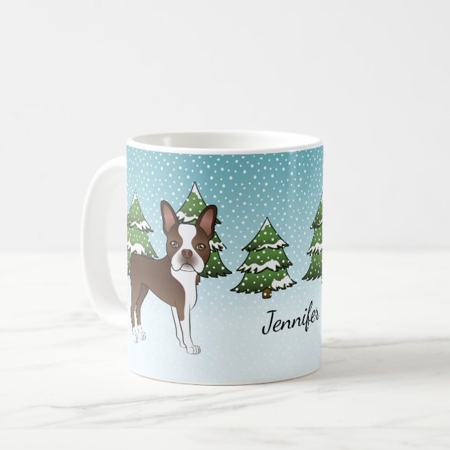 Caneca De Café Boston Terrier Marrom Em Uma Floresta de Inverno & (Frente Esquerda)