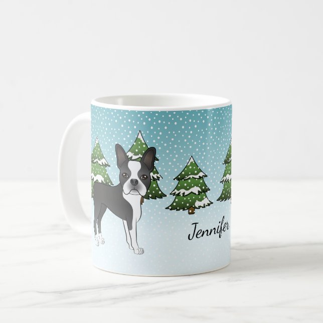 Caneca De Café Boston Terrier Preto em uma Floresta de Inverno &  (Frente Esquerda)
