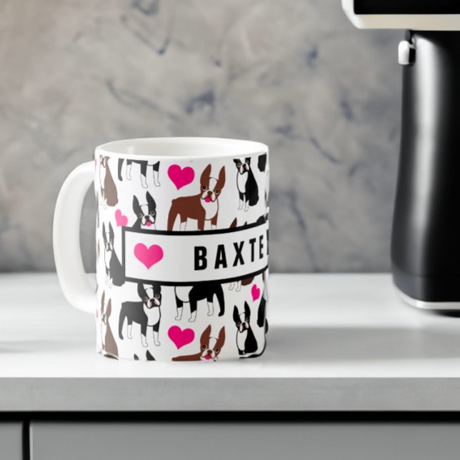 Caneca De Café Boston Terriers and Heart Custom Name (Criador carregado)